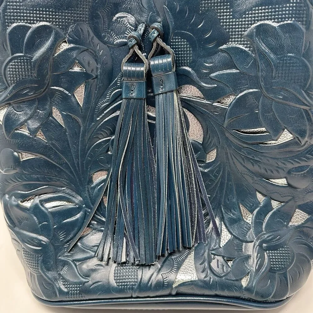 Patricia Nash Otavia Bucket Crossbody Bag Cutout Tooled‎ Tassel Carribean Blue